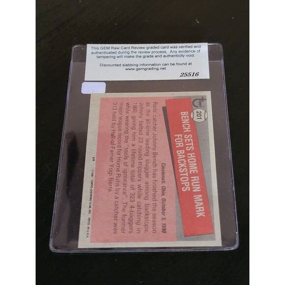 1981 Topps Johnny Bench Reds"Record Breaker" Baseball Card #201 Mint 10 - Picture 2 of 2